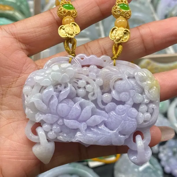 天然翡翠紫罗兰中国风锁牌荷花鱼