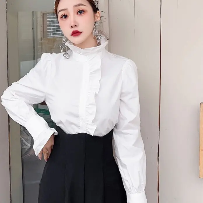 612931-C-2-4-5  法式轻奢木耳边半高领衬衫宽松显瘦小众别致上衣