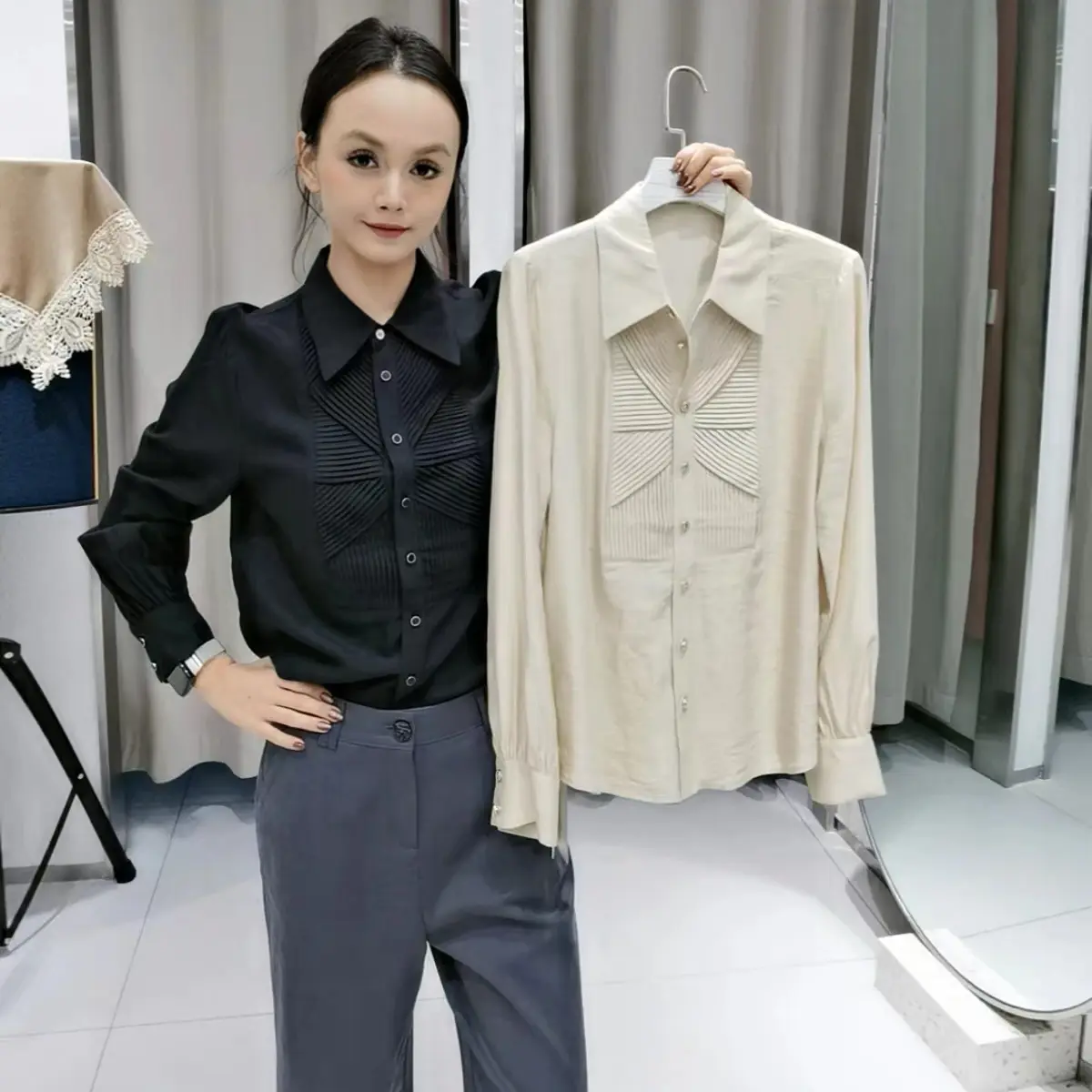 早春新款纯色百搭设计款洋气长袖衬衫上衣