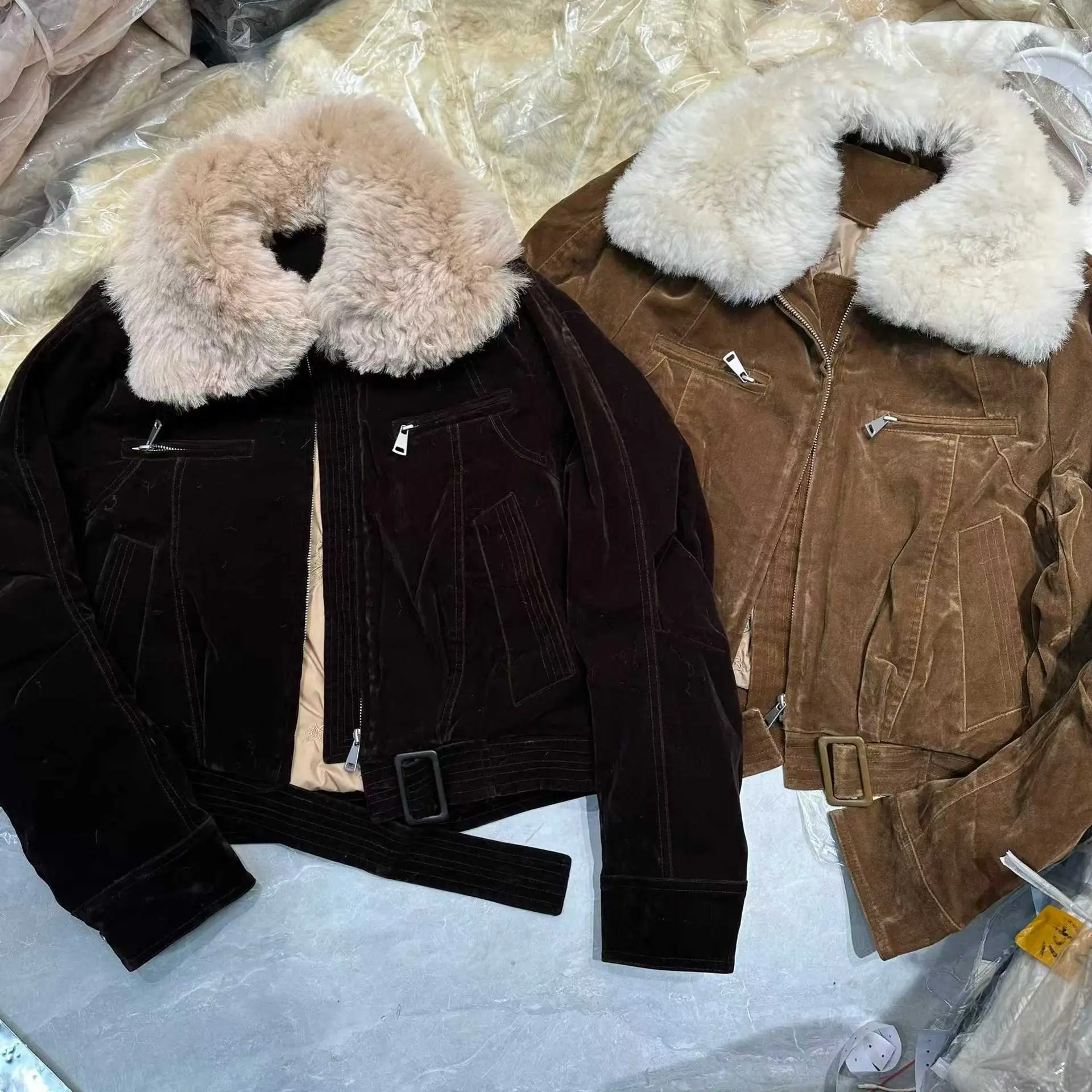 冬季老钱风羊毛领鹅绒短款羽绒服