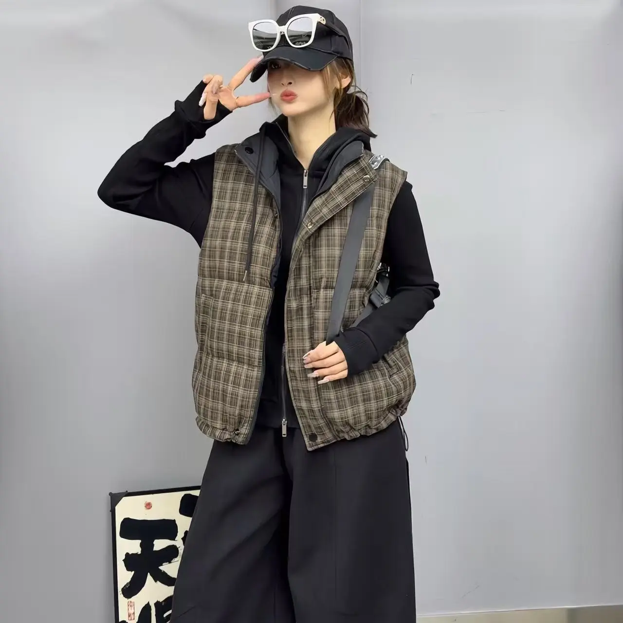 拉链常规款冬季嘻哈风女常规马夹韩版千鸟格保暖双面