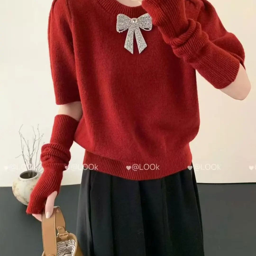 蝴蝶结袖套针织毛衣，秋冬显瘦保暖内搭上衣