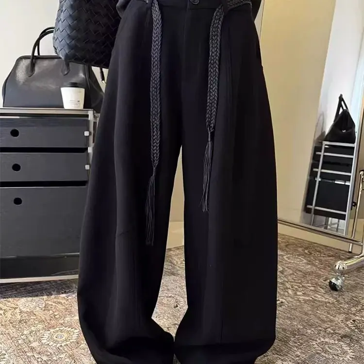 2667/2667-1秋季新款配腰带毛呢高腰显瘦阔腿弯刀拖地长裤女