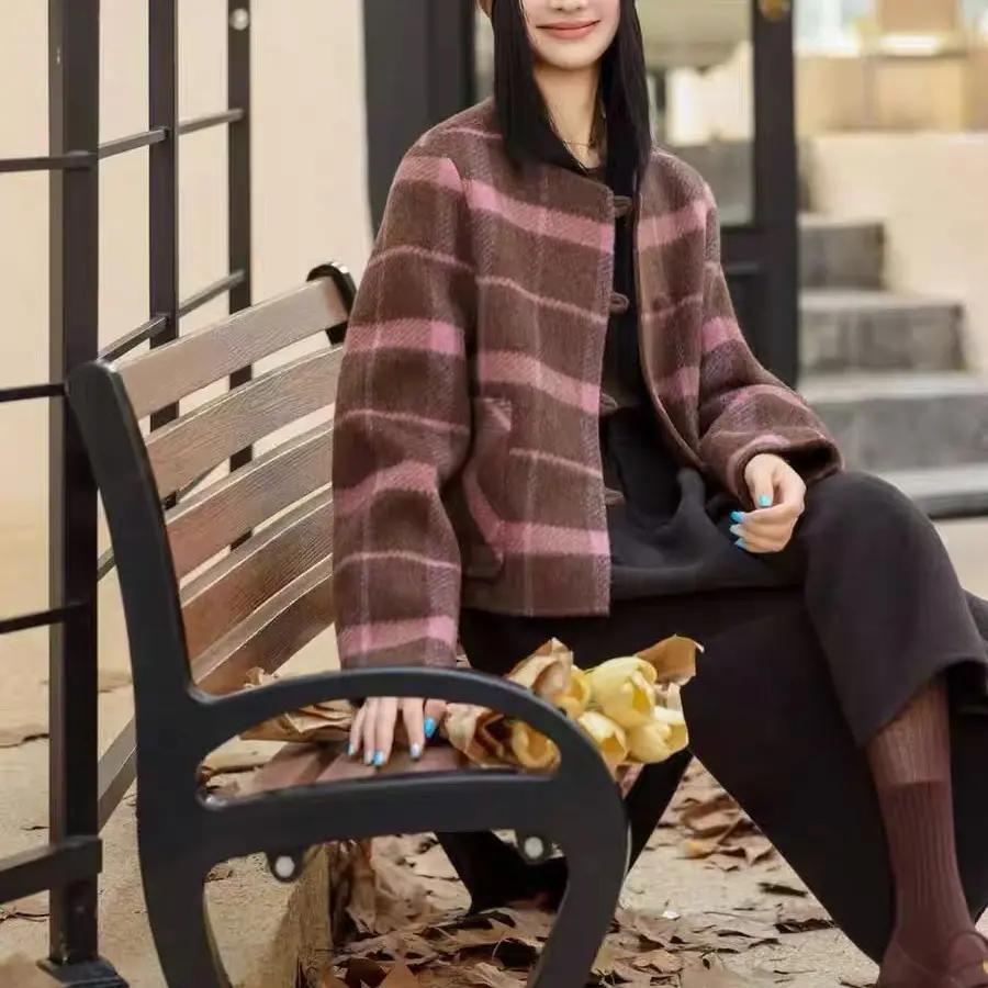 时尚百搭宽松复古格子圆领双面短款小个子外套冬季新款