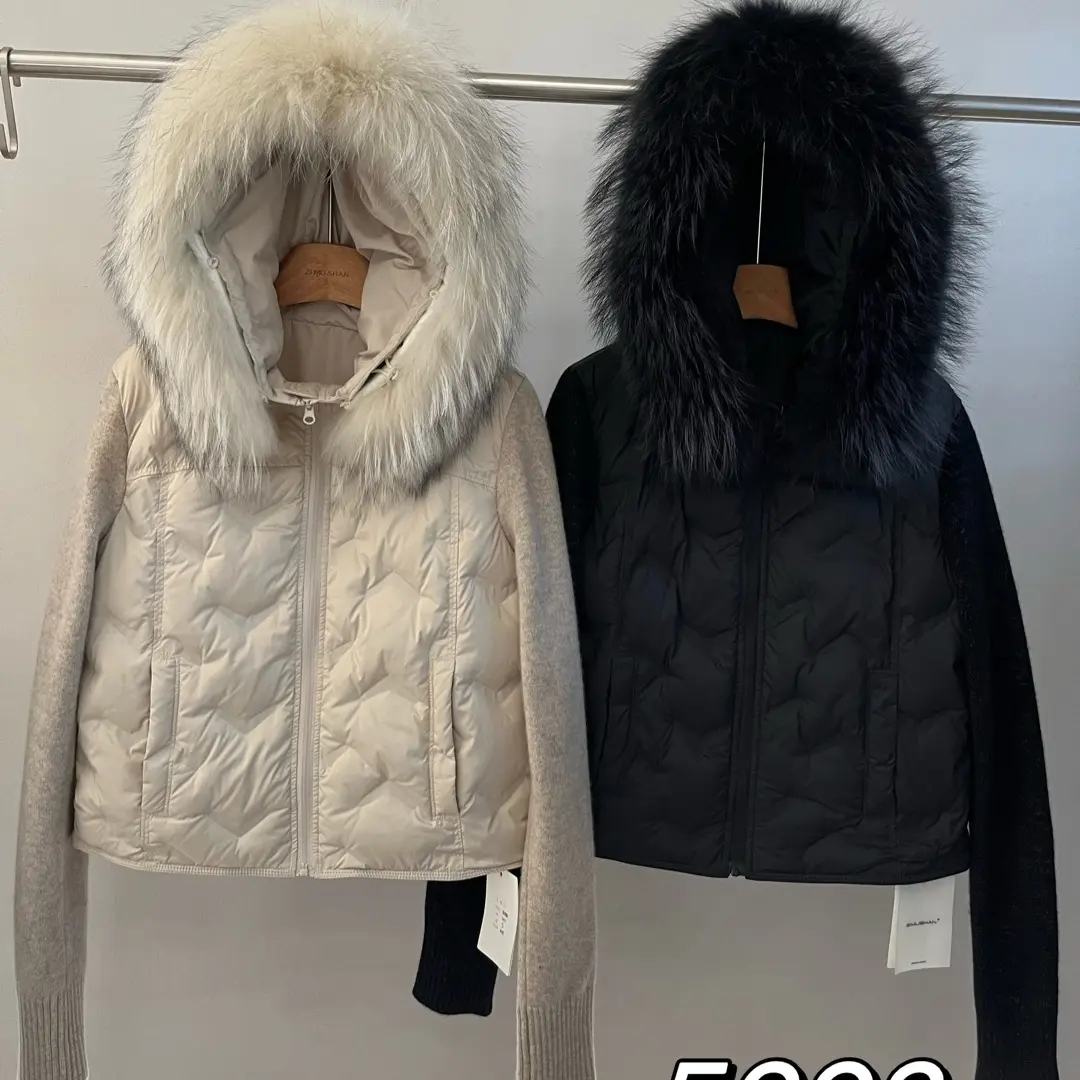 紫木衫  冬新款，大毛领，针织袖拼接羽绒上衣，