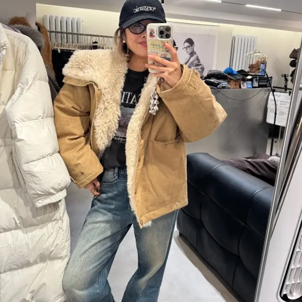 翻领夹棉拼毛毛棉服女韩版百搭宽松复古外套初冬慵懒设计感