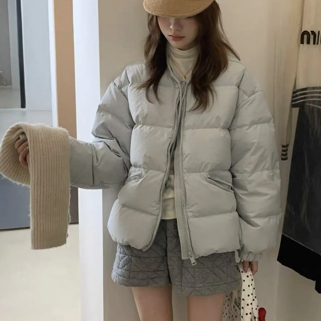 冬季新款白鸭绒小中长款甜美蝴蝶结抽绳小个子保暖