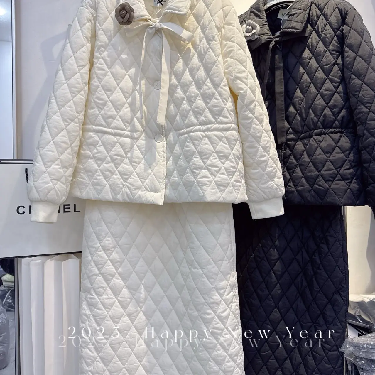 新款菱格纹蝴蝶领结学院风收腰时尚气质套装 棉服 高级感满满