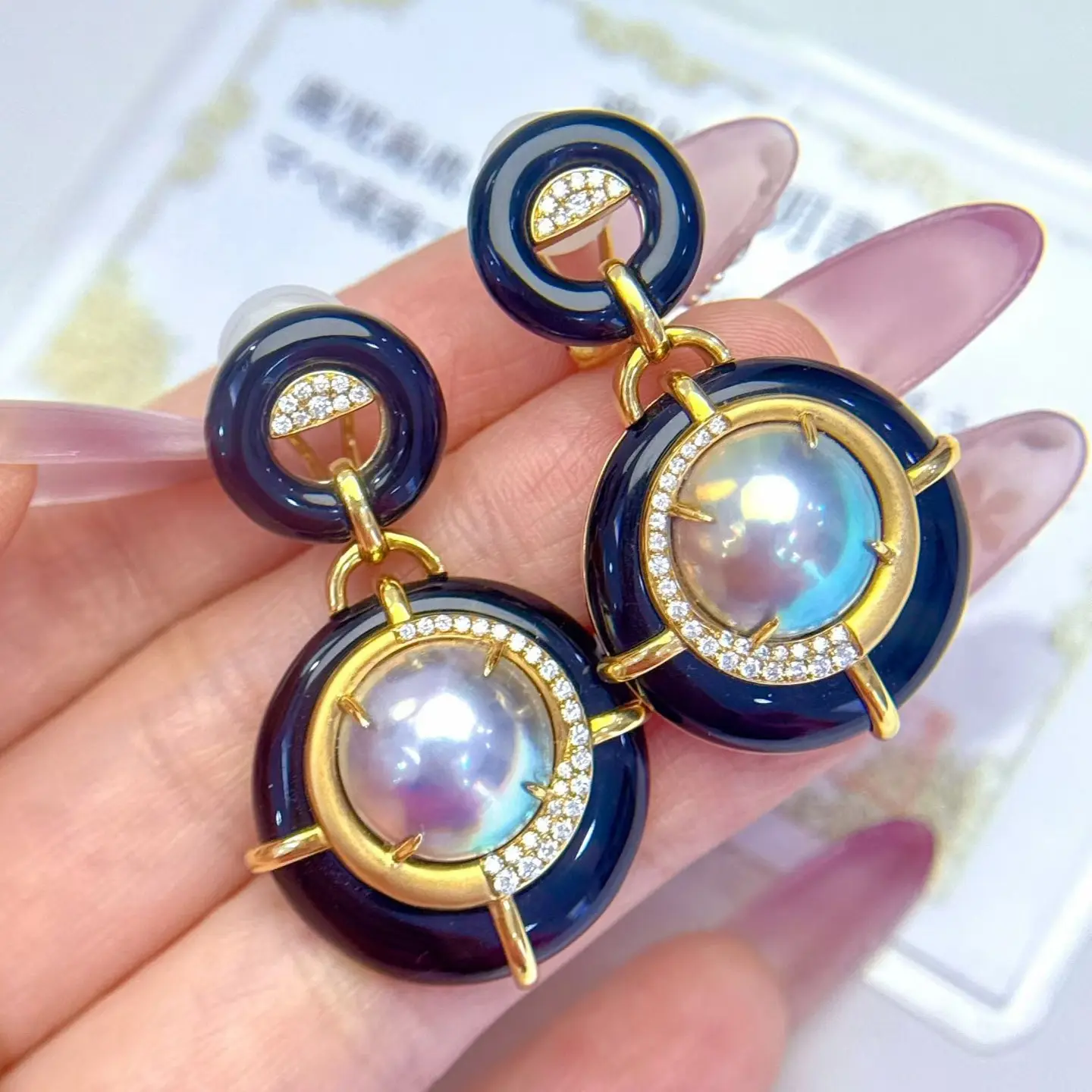 18k金黑玛瑙珍珠12-13mm镜面星空蓝泛绿光炫彩镶嵌黑玛瑙金重13g+