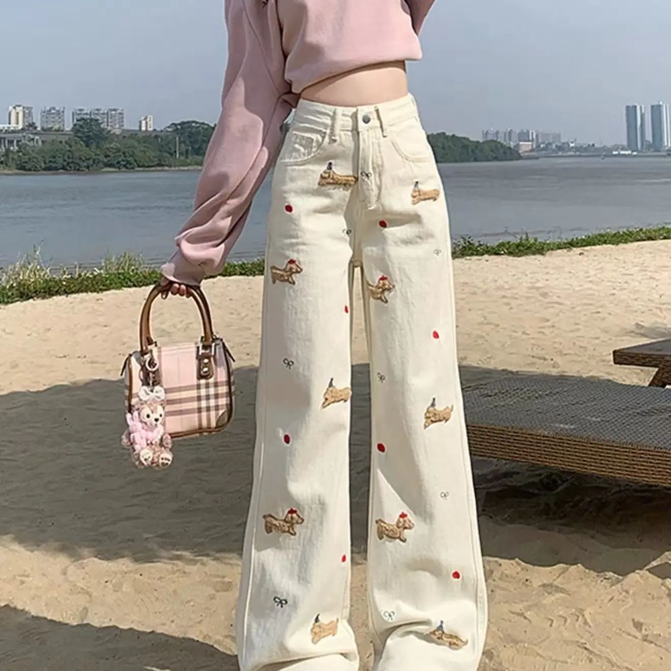 【腊肠】刺绣高腰直筒牛仔裤女秋冬加绒显瘦阔腿裤子直播