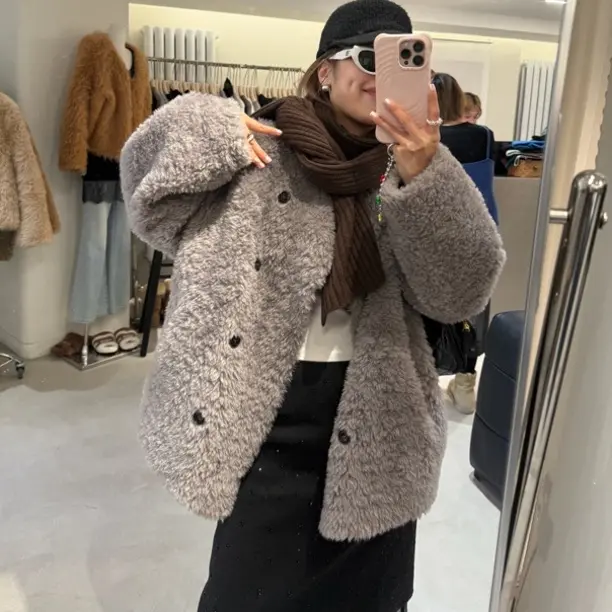 韩系双排扣加厚宽松中长款毛毛外套女冬季保暖