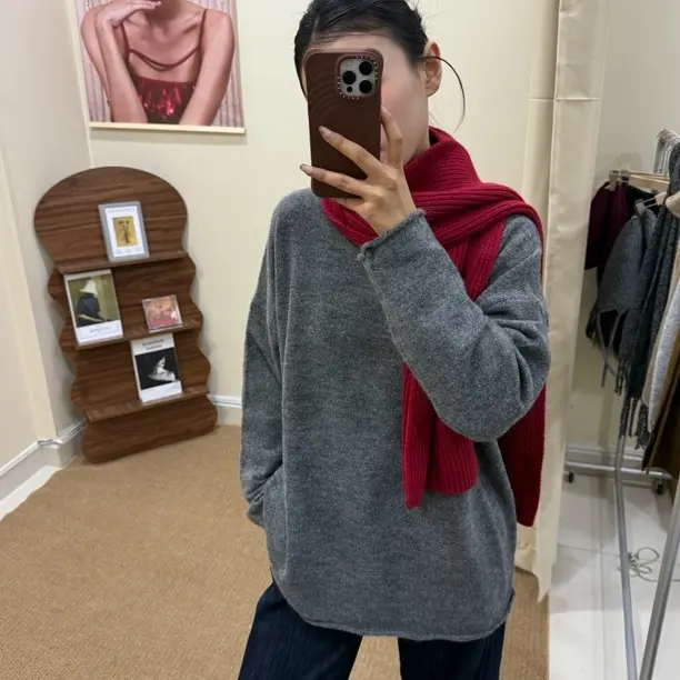 【穆子.Muzzi】秋冬慵懒风宽松圆领加厚纯中长款打底针织衫