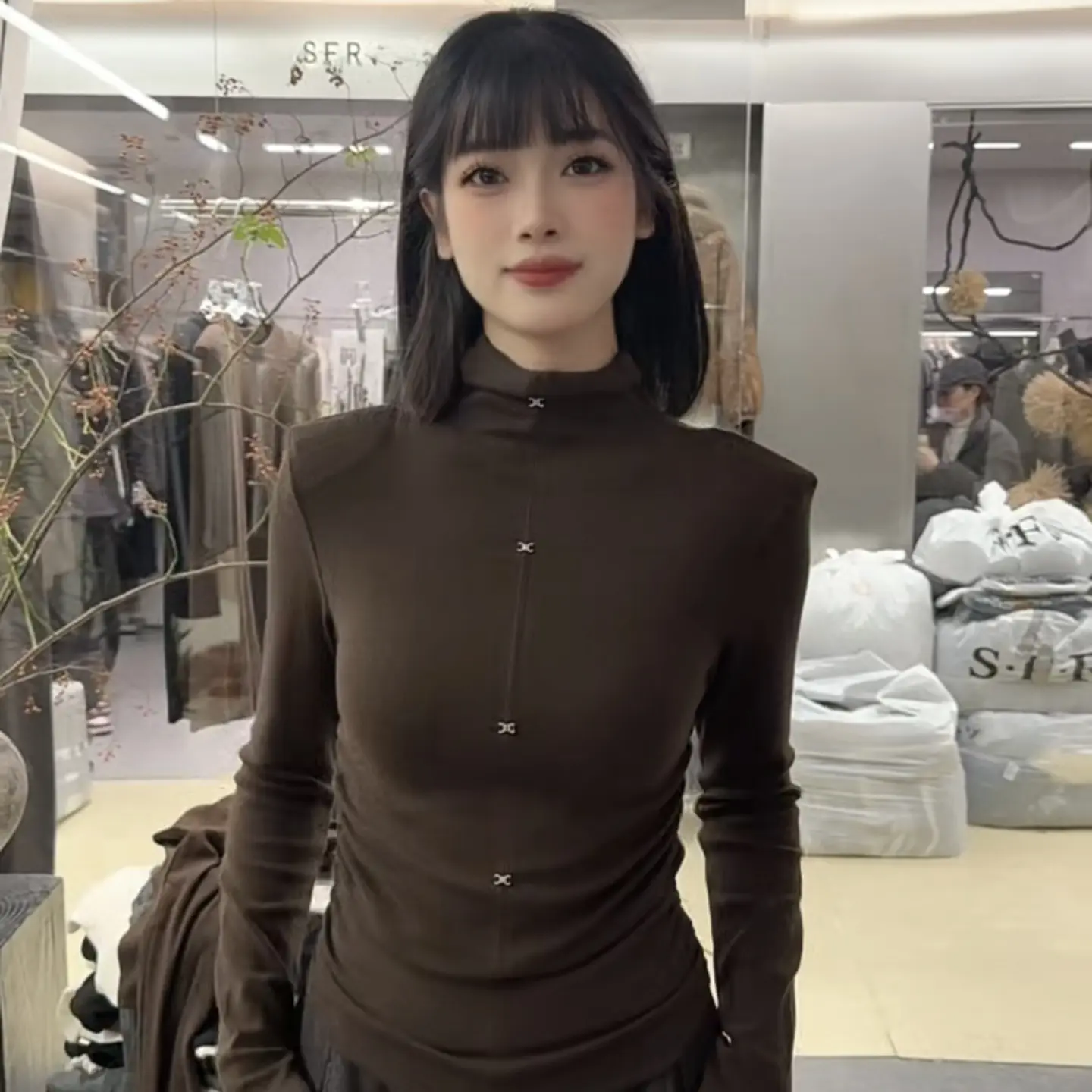 复古风格纹长袖褶皱半高领针织打底衫时尚百搭