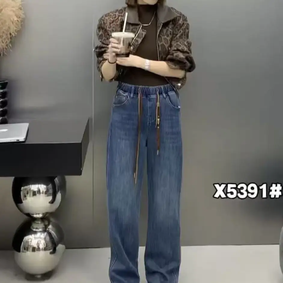 冬季加绒加厚高腰显瘦宽松直筒牛仔裤窄版直筒裤女款百搭