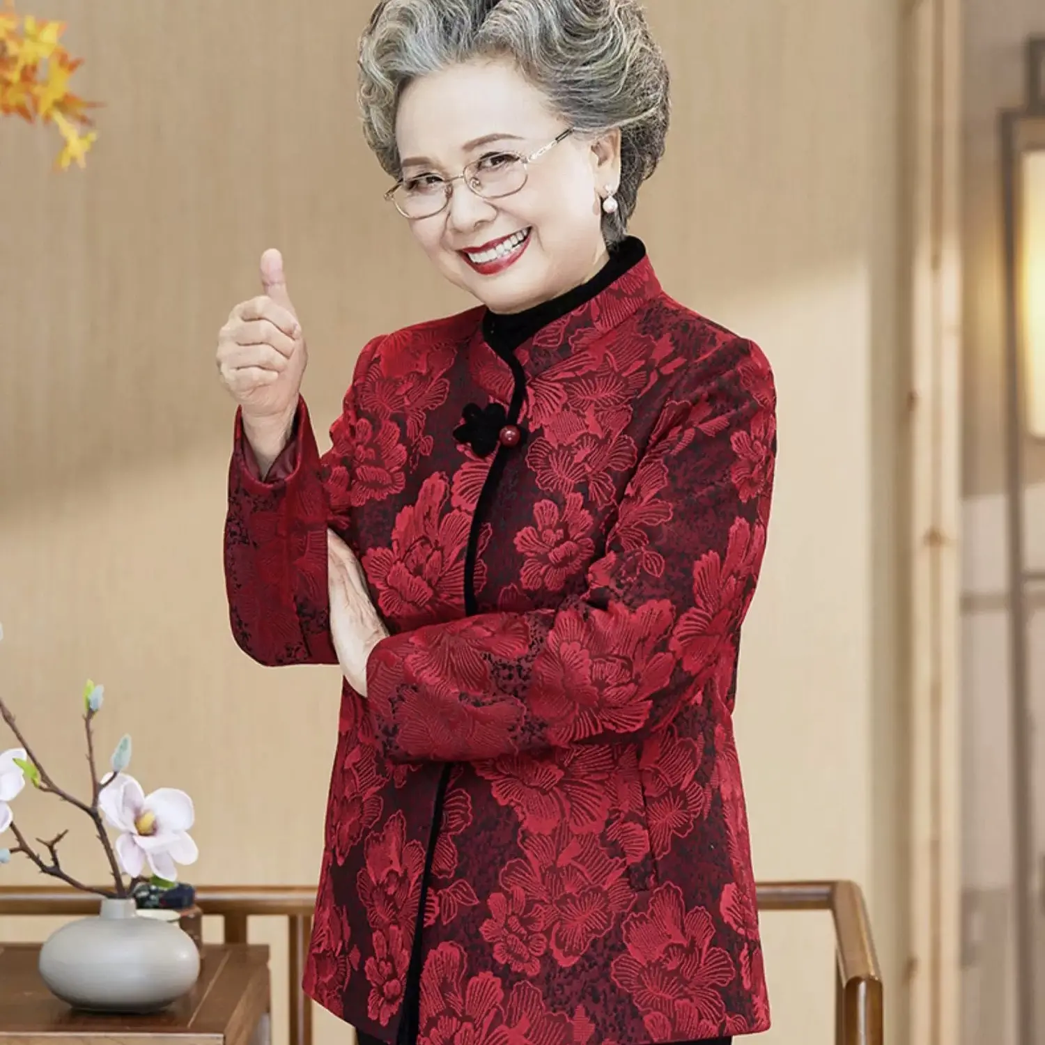 中老年人秋冬喜庆加绒加厚婚礼奶奶外套冬季婚宴妈妈装