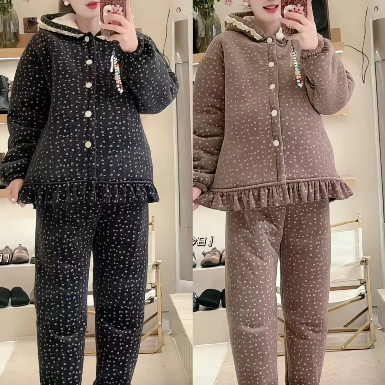 孕妇冬季三层加厚面包款韩版休闲可外穿舒适家居服套装
