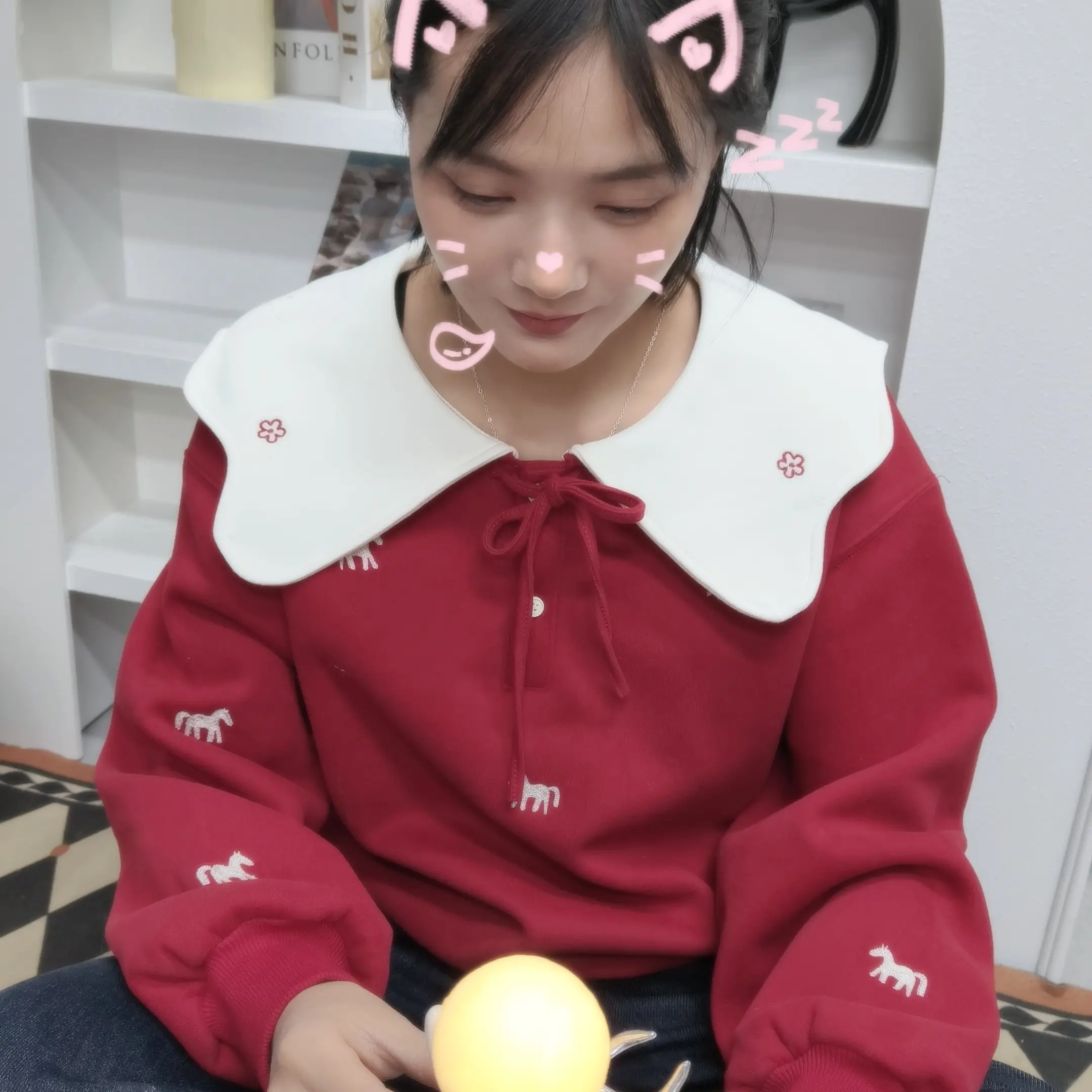 ｛红色娃娃领卫衣｝女童冬季加绒加厚刺绣翻领新年服甜美保暖上衣潮
