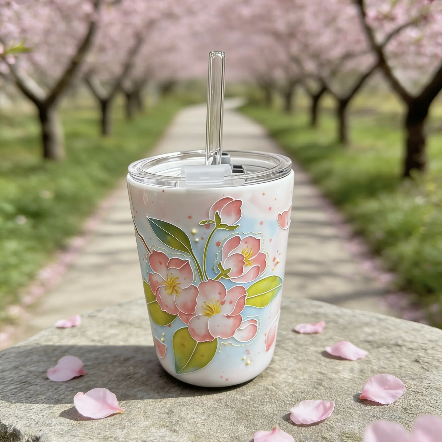 手绘釉下彩玉泥陶瓷随行杯水杯带盖带吸管精致花卉款