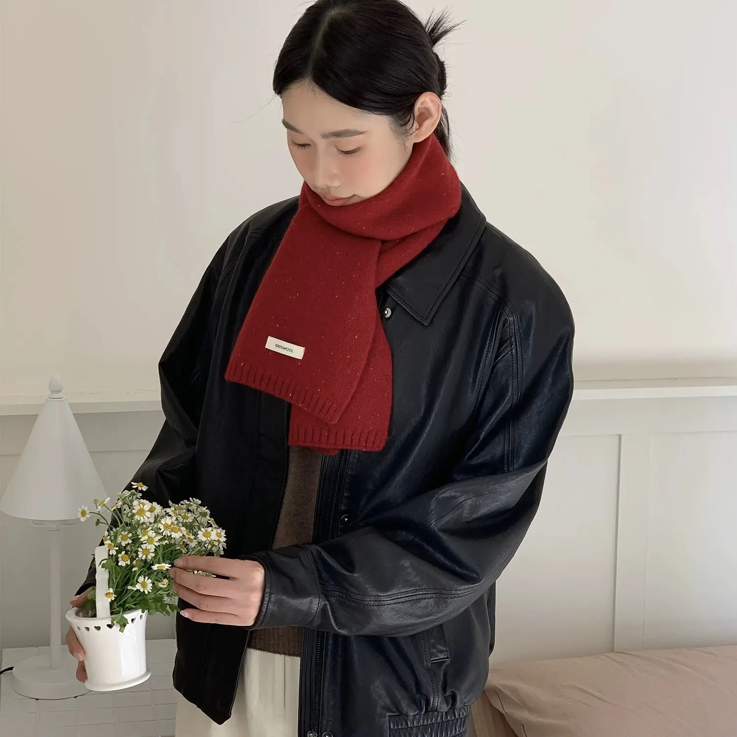 100羊毛繁星点点红色围巾女冬季韩版保暖夹花短款针织围脖百搭