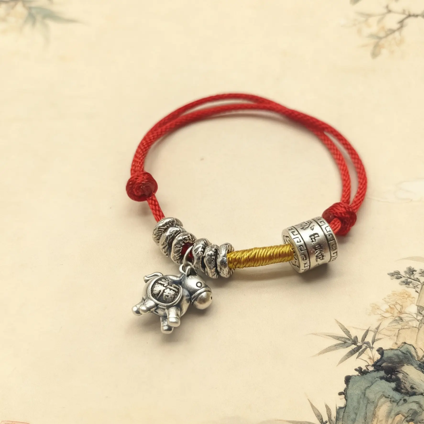 足银布艺手链  足银999福马盘缠本命年红绳手工编织护身符民族风