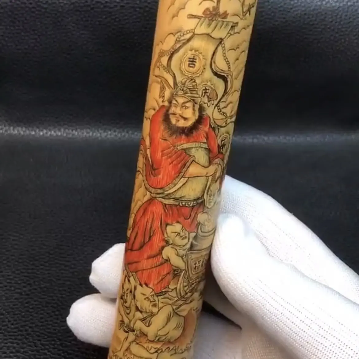 彩绘关公钟馗实心竹正圆手把件文玩把玩竹制品