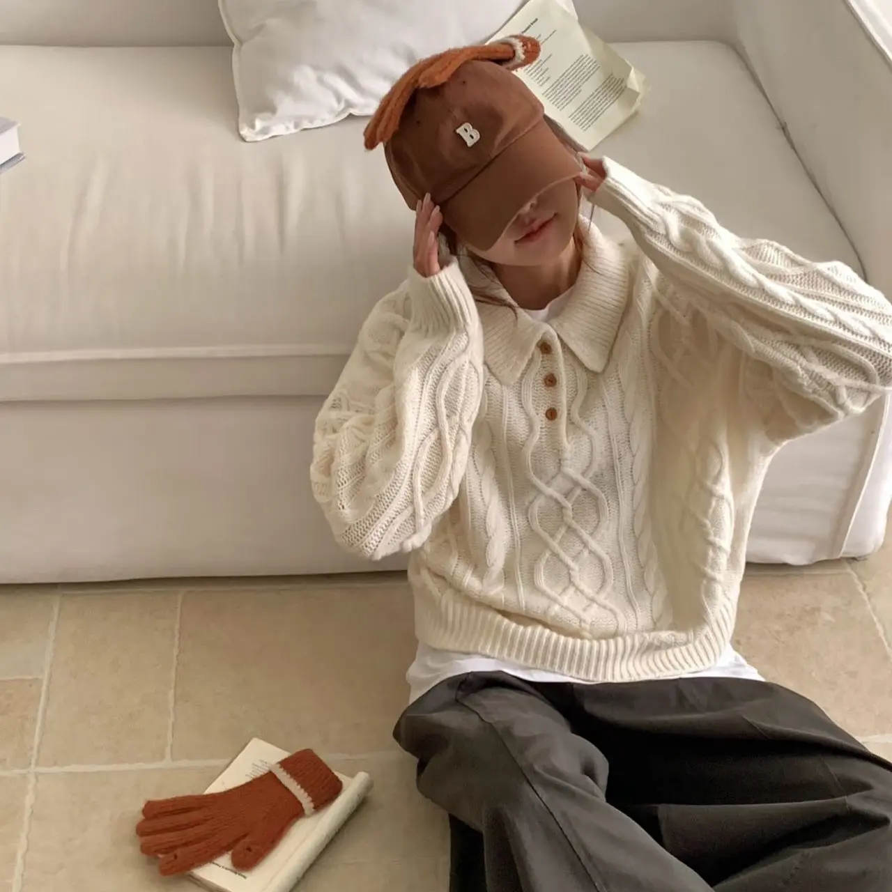 韩国原单 erume 翻领重工韩系半纽扣麻花套头毛衣