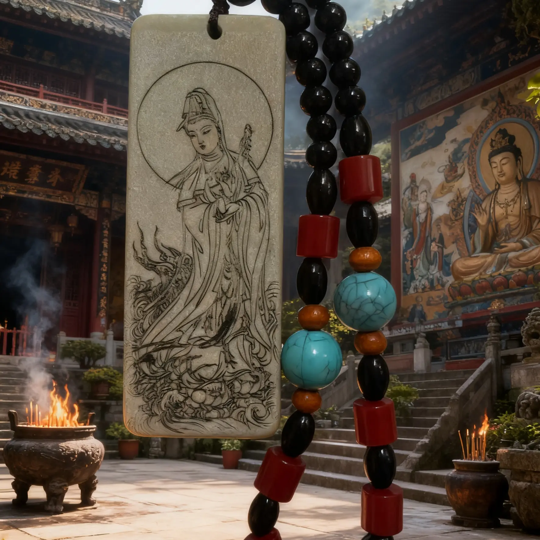 皇家御用松花石雕刻观世音菩萨圣像手工艺复古