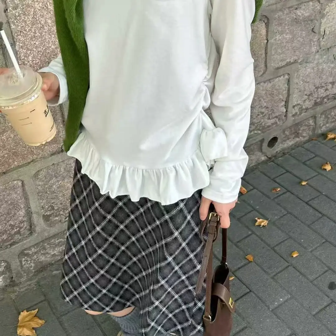 设计感长袖显瘦圆领系带纯色U领修身T恤女抽褶常规袖