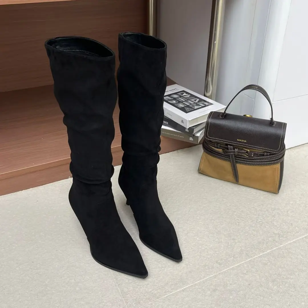 秋冬大筒围弹力显瘦百搭长筒靴女尖头细跟时尚