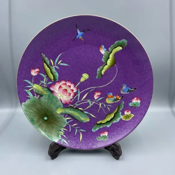 景德镇陶瓷扒花泰斗张文月老师手工花鸟大赏盘直径30CM摆件带底座