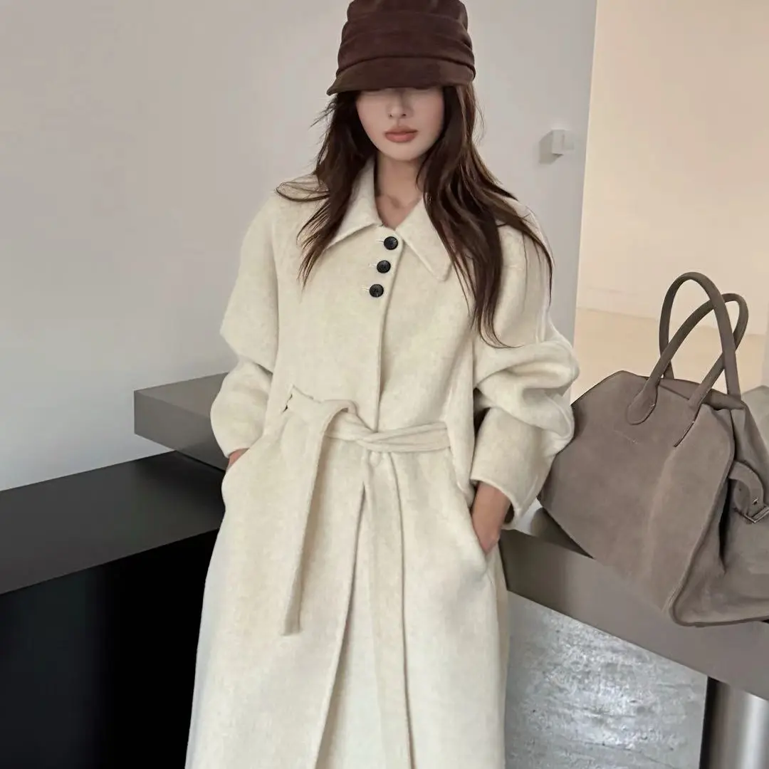 秋冬韩系气质双面羊绒长款女士宽松毛呢外套时尚翻领保暖呢大衣