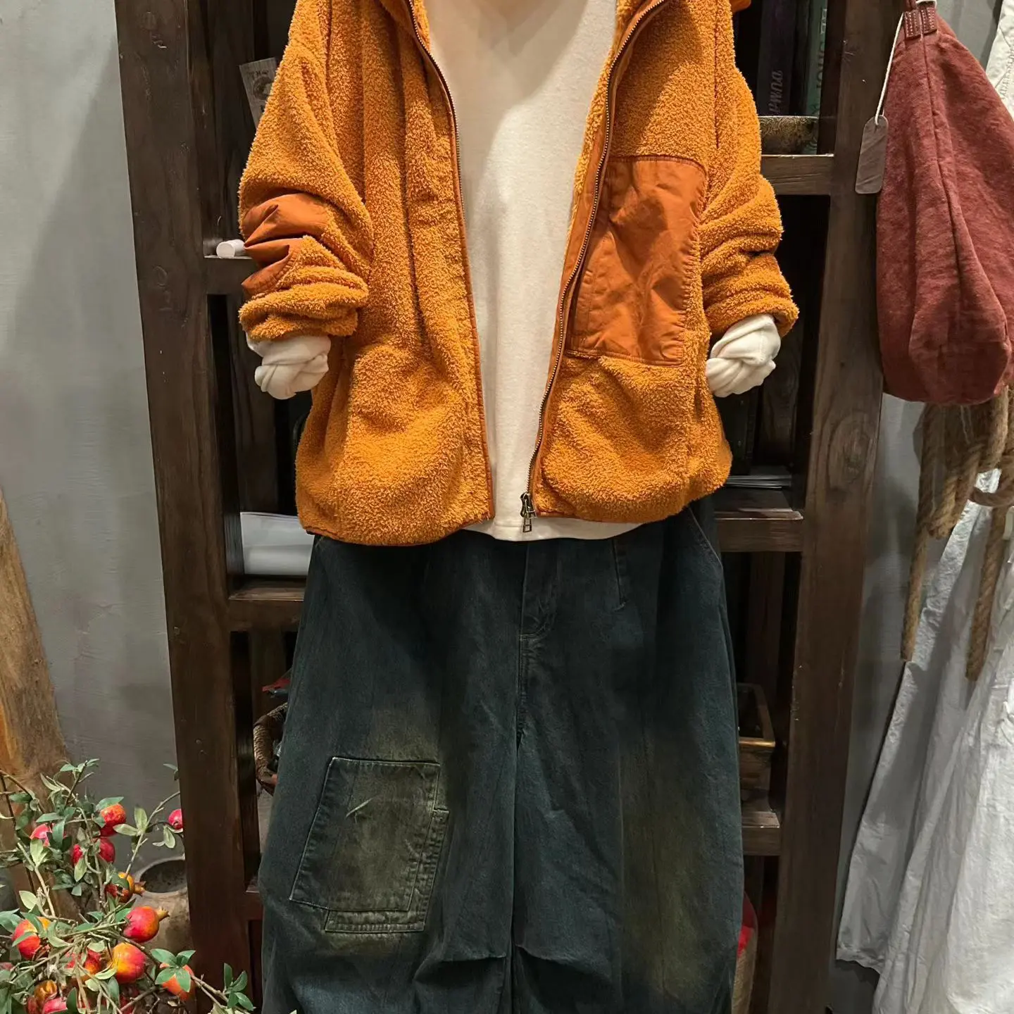 妞妞 新款秋冬拼接摇粒绒连帽外套复古减龄保暖休闲上衣