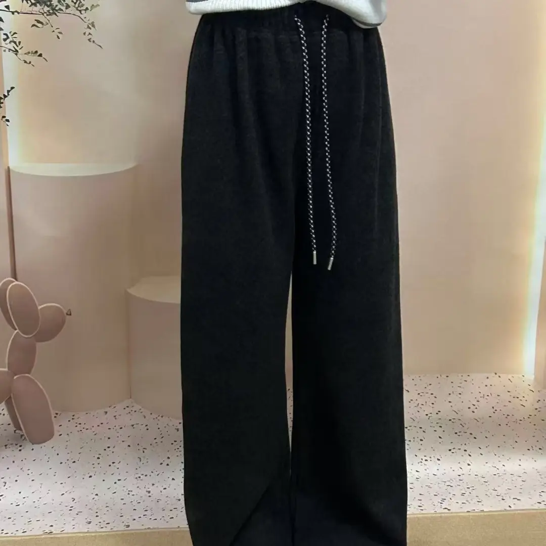 秋冬复古慵懒风宽松垂感松紧腰抽绳加绒加厚显瘦阔腿休闲女裤