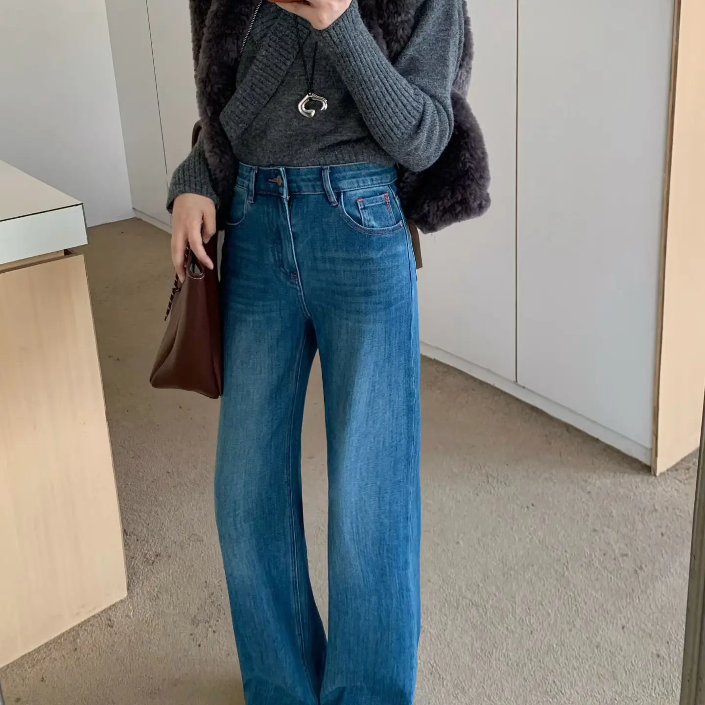 朵妃四面弹窄版显瘦牛仔阔腿裤55187