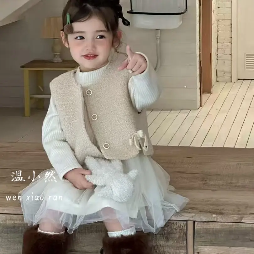 秋冬女童毛毛马甲加绒针织格子裙洋气套装