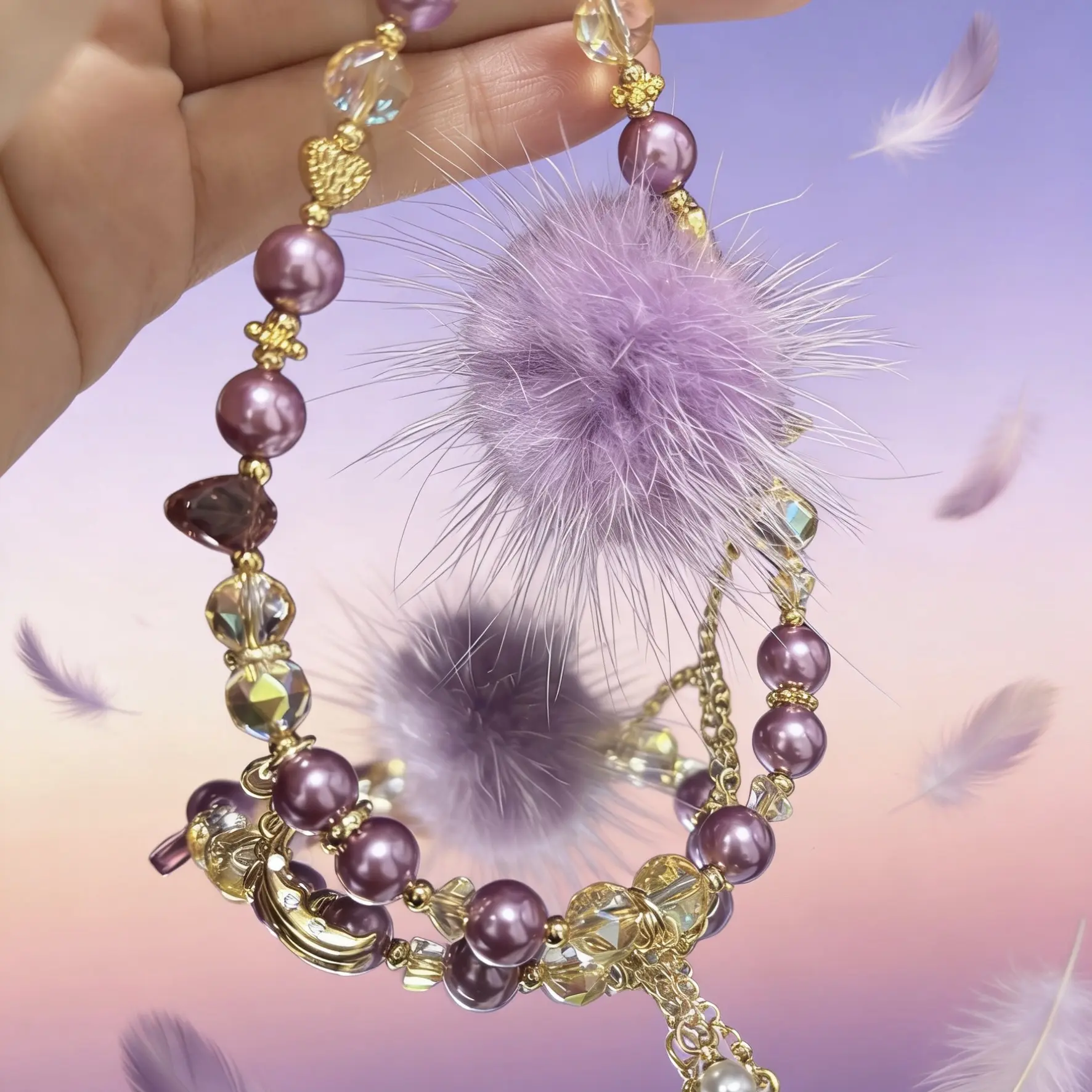 手机链可爱梅子色风格百搭*242星星月亮貂毛*