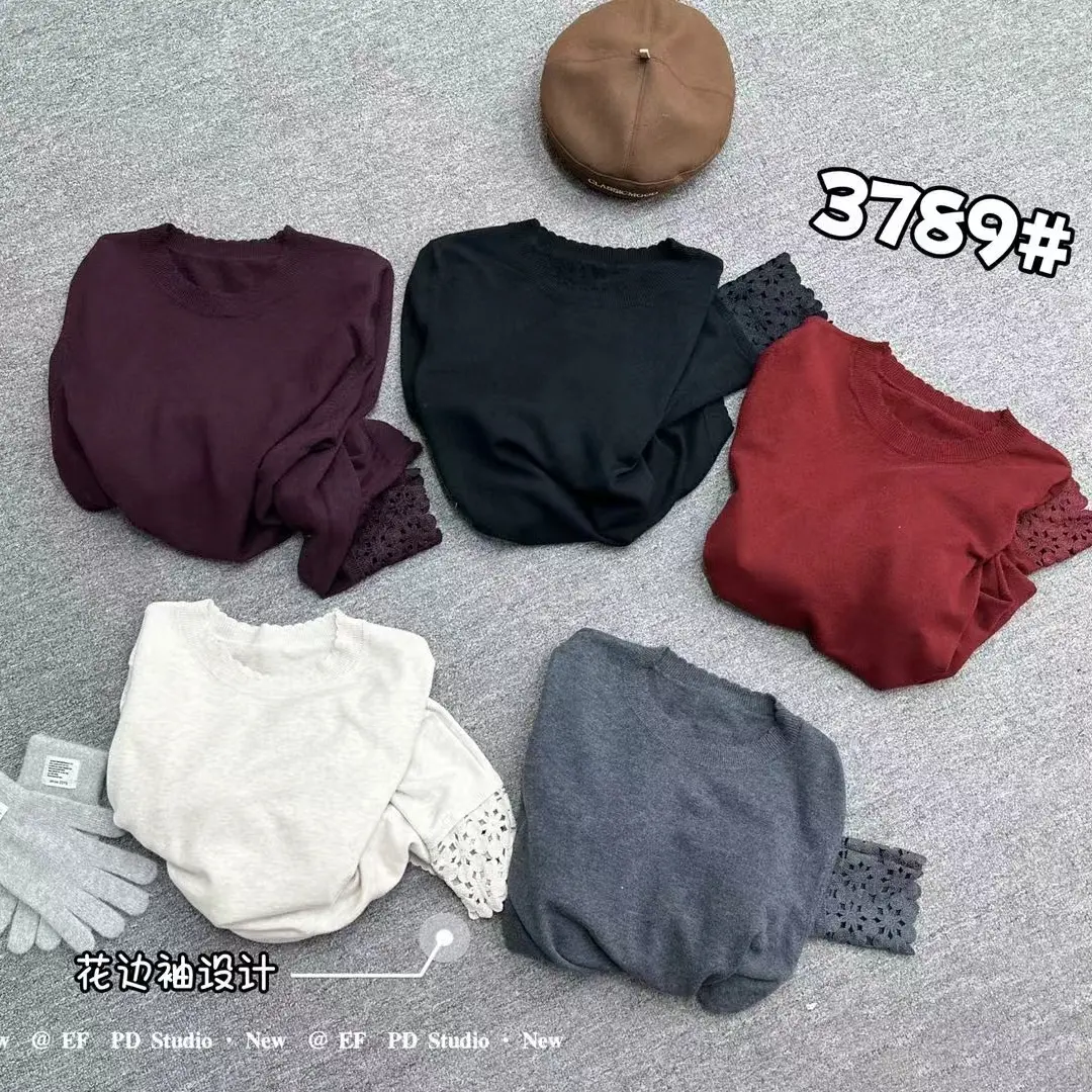 秋冬老钱风圆领蕾丝拼接长袖百搭显瘦针织打底衫女