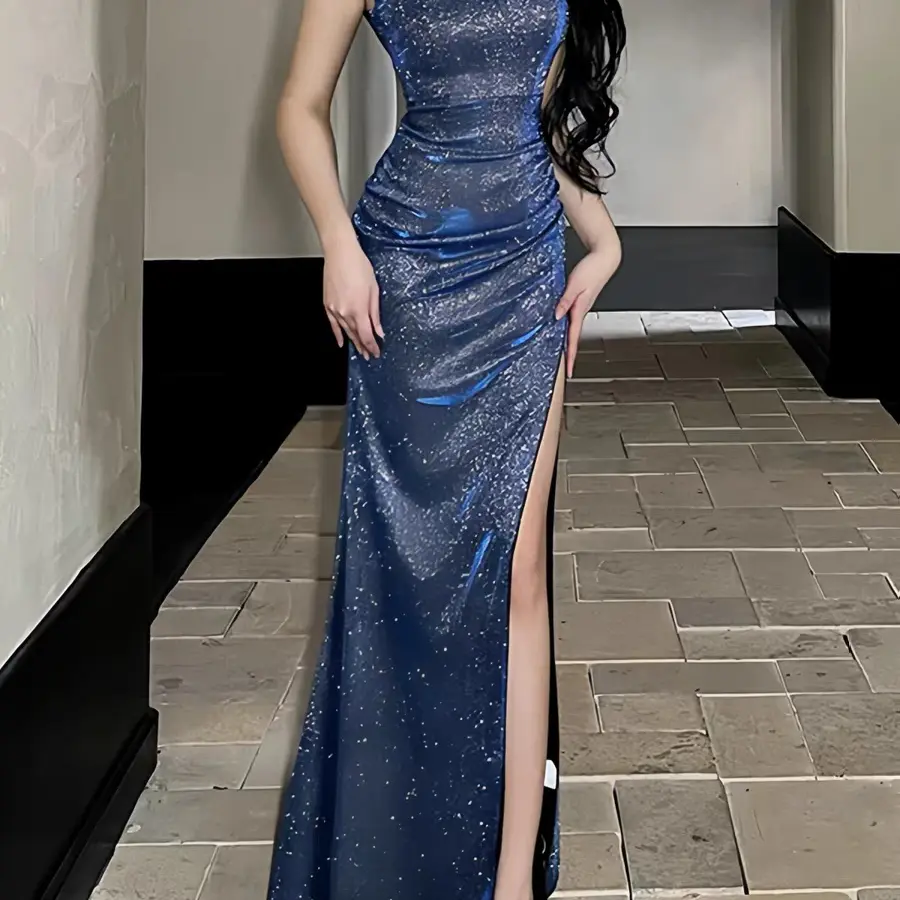 欧美风闪闪一字肩性感开叉蓝色宴会礼服长裙