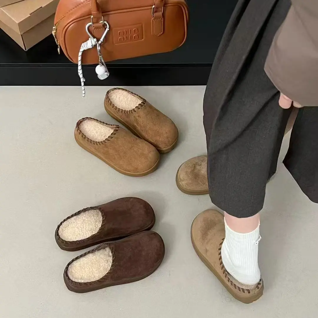 D01-2复古包头厚底加绒勃肯半拖女外穿保暖防滑软底一脚蹬