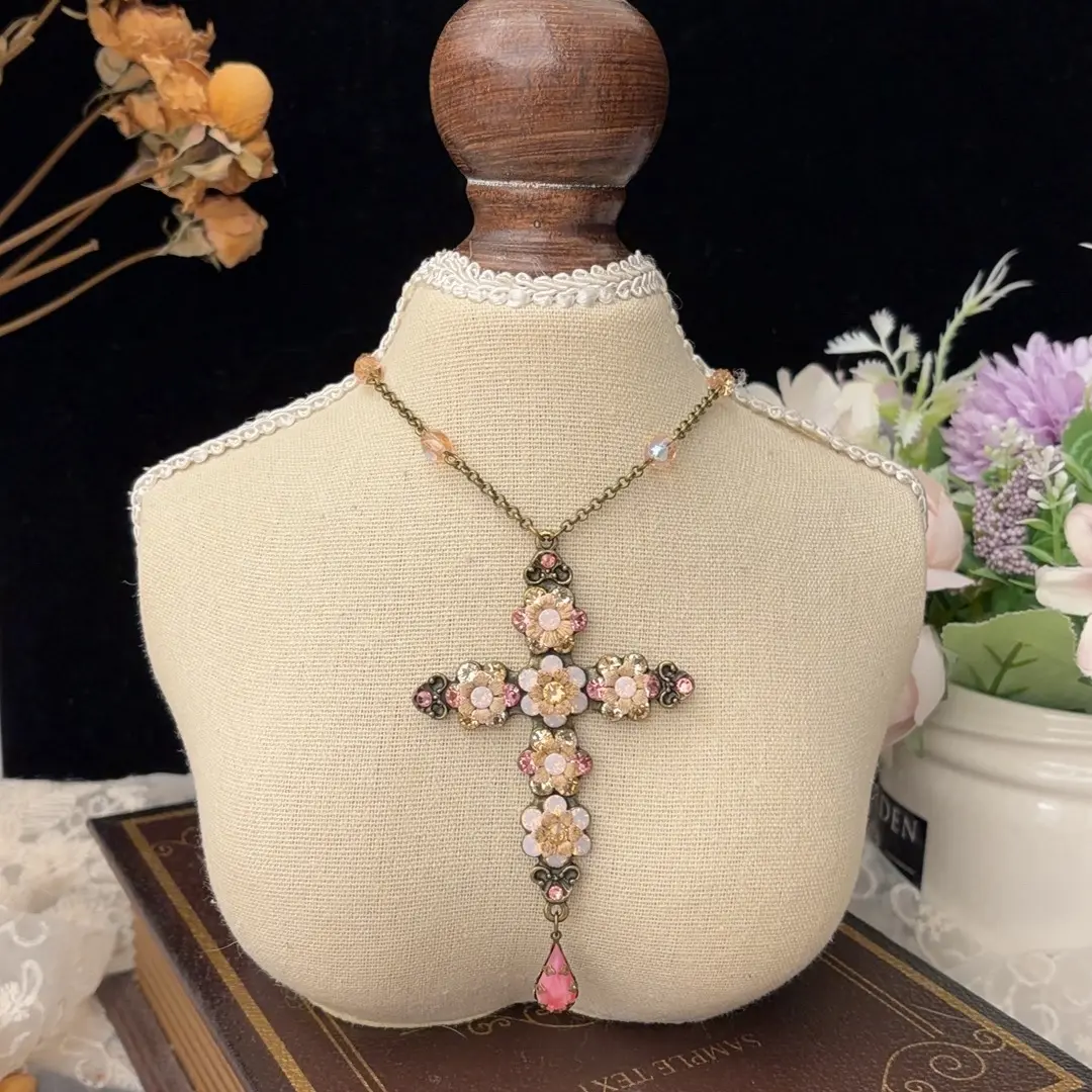 合金项链 铜合金 Michal Negrin十字架粉色水滴项链复古