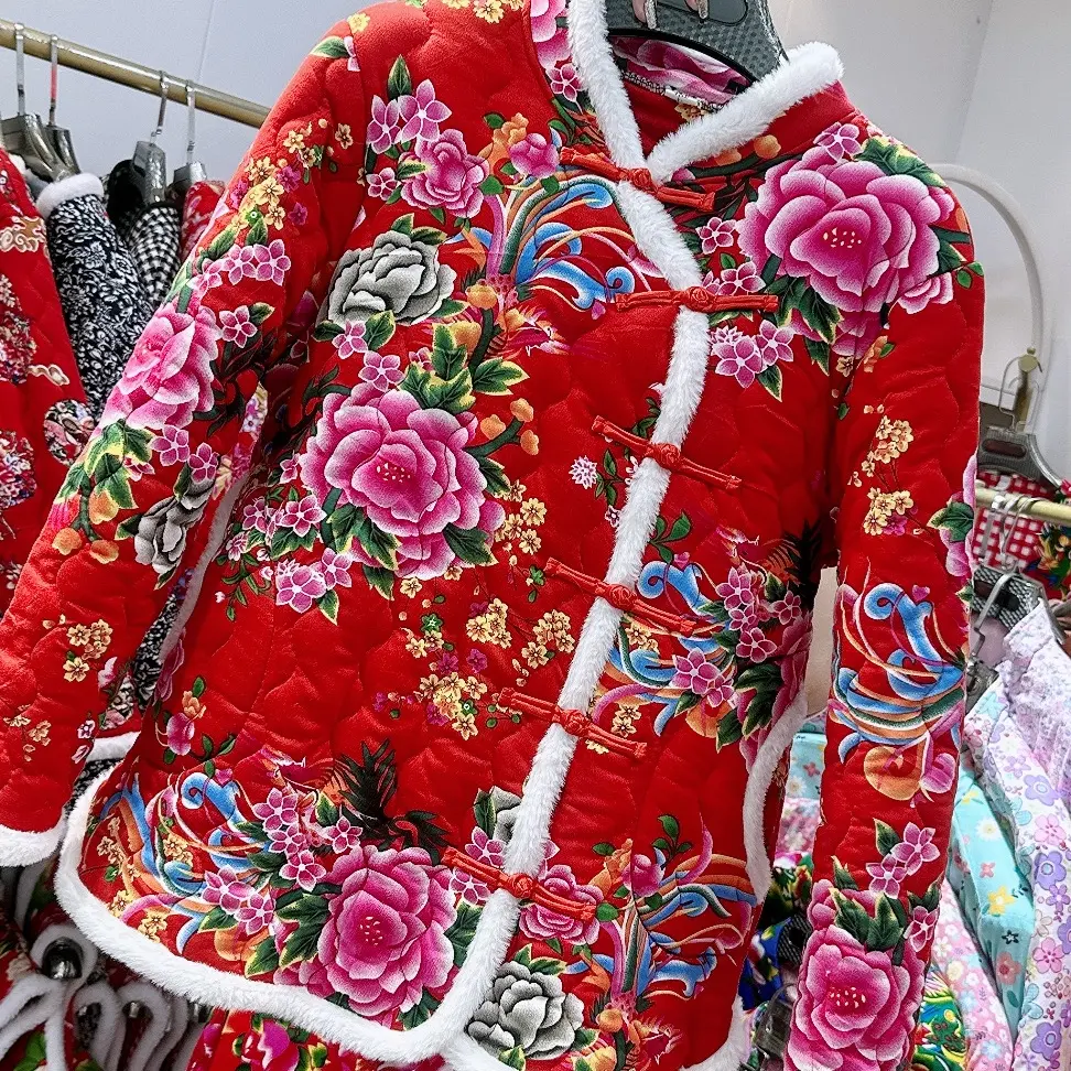 冬季加厚修身保暖东北大花盘扣男女同款棉袄外套（红边