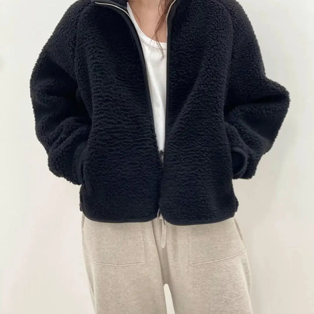 保暖双面毛绒女厚款短款女士立领开衫短外套加厚冬季