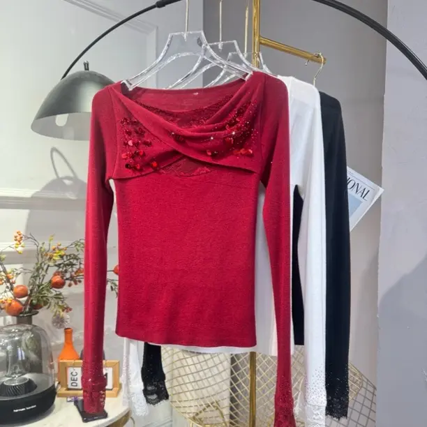 蕾丝镂空长袖法式T恤针织假两件针织衫秋冬百搭时尚上衣