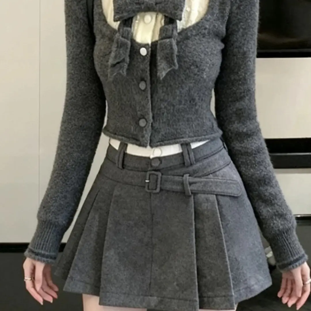 韩系蝴蝶结撞色毛衣➕半裙套装