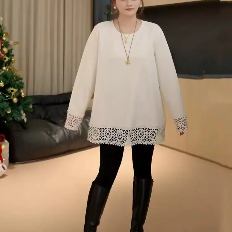 8681加绒长袖T恤冬季宽松百搭圆领上衣蕾丝拼接