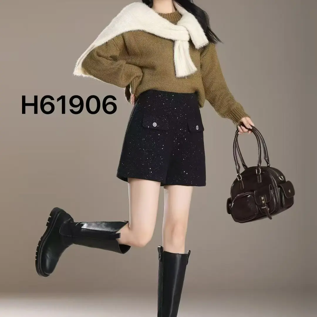 彬彬家小香风亮片毛呢短裤女秋冬高腰显瘦A字阔腿外穿靴裤906