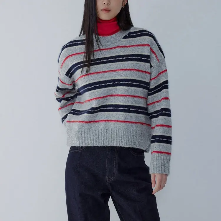 闪闪兒-精选V**V羊驼毛提花工艺条纹套头毛衣44158