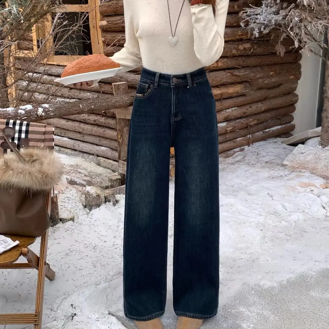 高腰加绒百搭时尚直筒牛仔裤显瘦复古