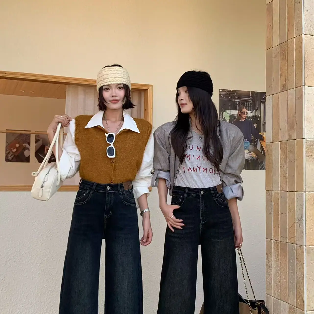 8939秋冬中腰加厚弹力显瘦宽松百搭阔腿牛仔裤