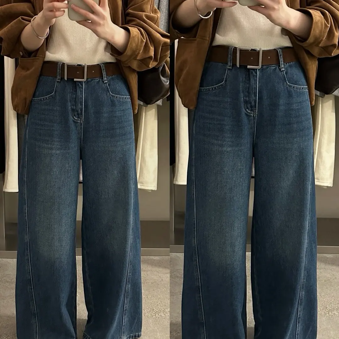 秋冬新款加绒高腰显瘦阔腿牛仔裤女简约百搭
